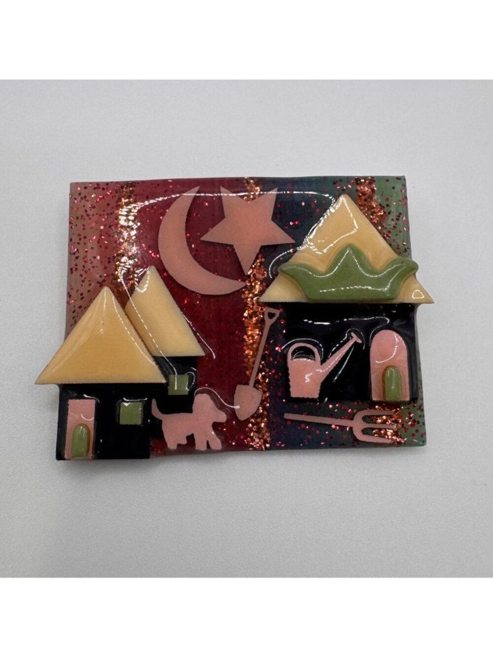 Lucinda House Pin Moon Stars Dog Resin Art Brooch Folk Art Cottagecore